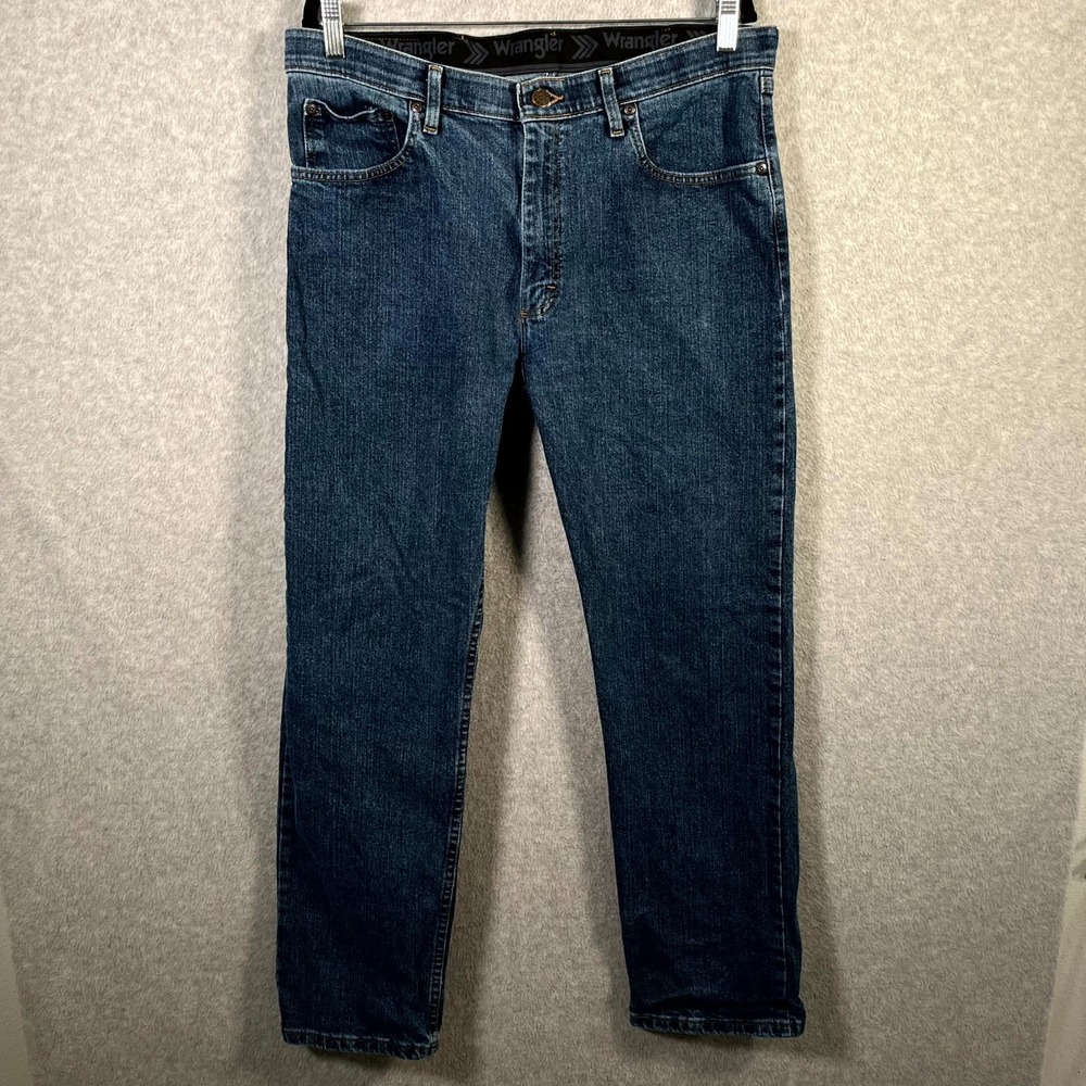 Wrangler Jeans Mens 34x32 Blue Denim Cotton Regular Fit Dark Wash Straight Leg